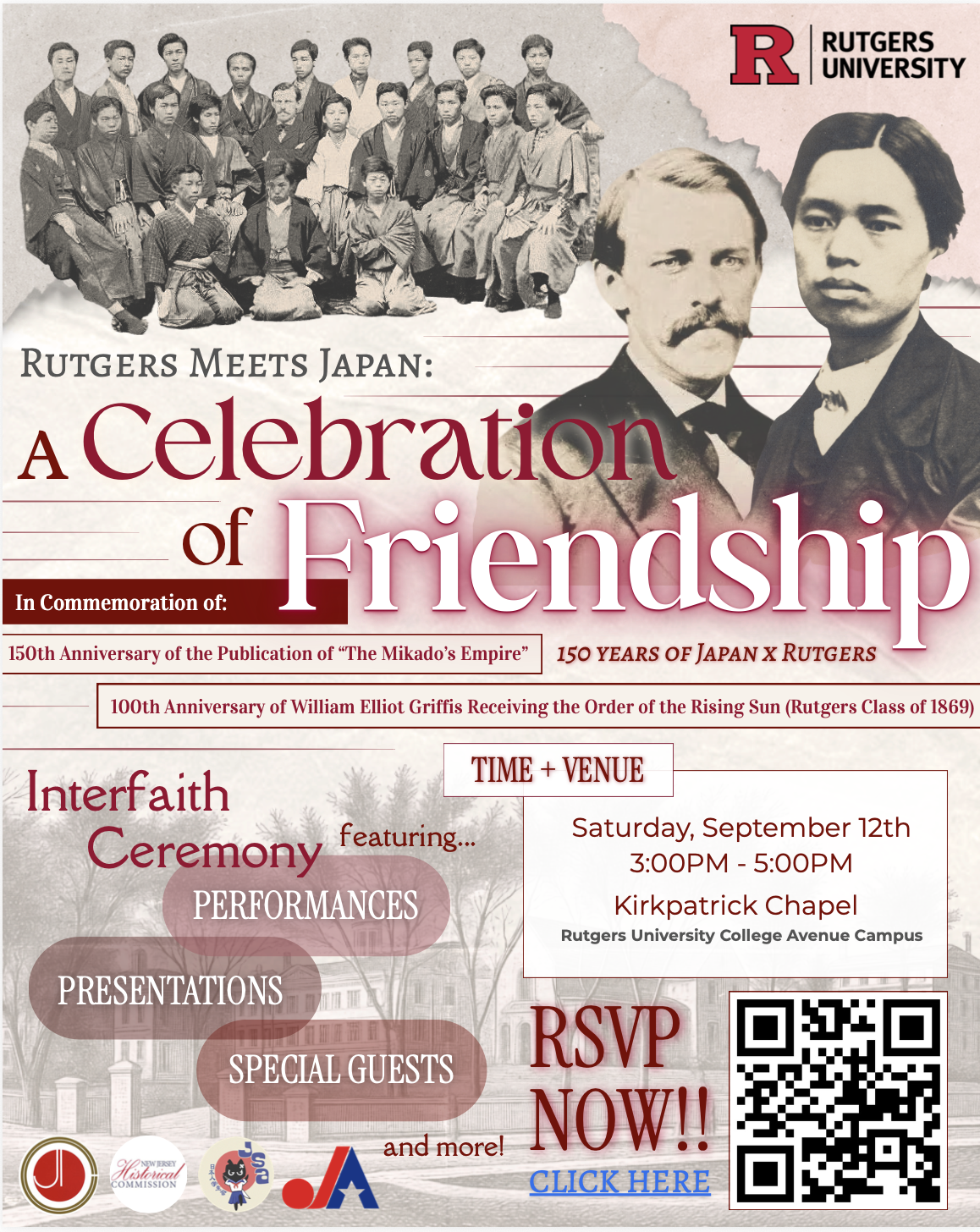 Rutgers Meets Japan: A Celebration of Friendship will be held on Saturday, September 12th, 3:00-5:00 PM, at the Kirkpatrick Chapel, Rutgers University, to commemorate the 150th Anniversary of the publication of The Mikado's Empire and the 100th anniversary of the bestowal of the Order of the Rising Sun by the Emperor of Japan upon William Elliot Griffis (Rutgers Class of 1869).  Join us to celebrate the 150 years of intellectual and cultural exchange between Rutgers-New Brunswick and Japan!   Also held in conjunction is Japan In/Out of View at the Zimmerli Art Museum. See this article on Rutgers Today featuring Haruko Wakabayashi.  The event is co-sponsored by the SAS Asian Languages and Cultures Department, Rutgers Foundation, Rutgers Global, Rutgers University Libraries, Zimmerli Art Museum, Global Asias Initiative, and the Rutgers Japanese Student Association. It is funded through grants and donations from the New Jersey Historical Commission, Japanese Chamber of Commerce & Industry in New York, the Japanese American Association of New York, and Ito-en.
