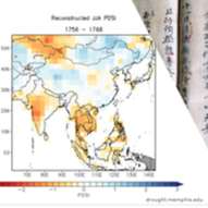 A composite image showing a climate map of Asia with color-coded precipitation data for 1756–1768 on the left, and a close-up of an old manuscript with vertical Chinese text on the right.
