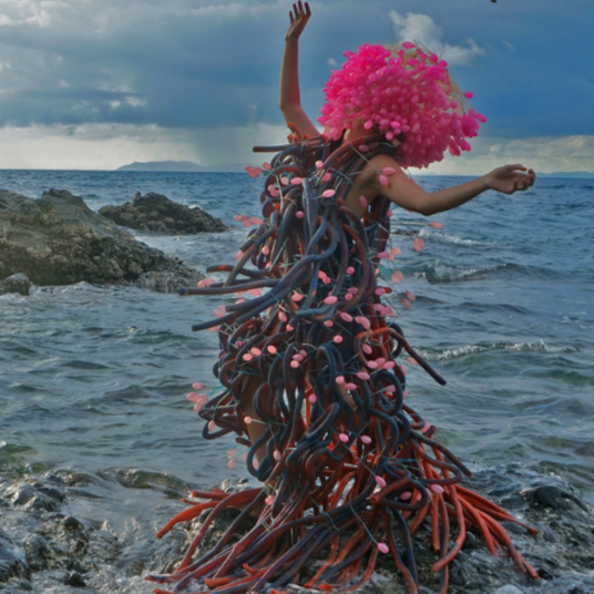 A person standing on rocky shore wearing an elaborate costume made of intertwined tubes with pink tips and a large pink headpiece, set against a cloudy ocean backdrop.