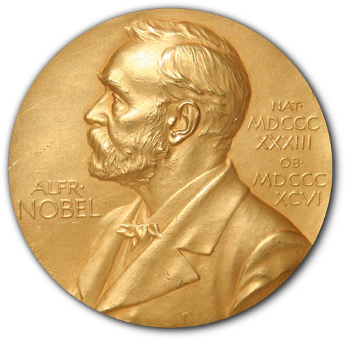 This is an image of the Peace Prize. The medal features a left-profile portrait of Alfred Nobel, surrounded by his name and the years of his birth and death in Roman numerals.